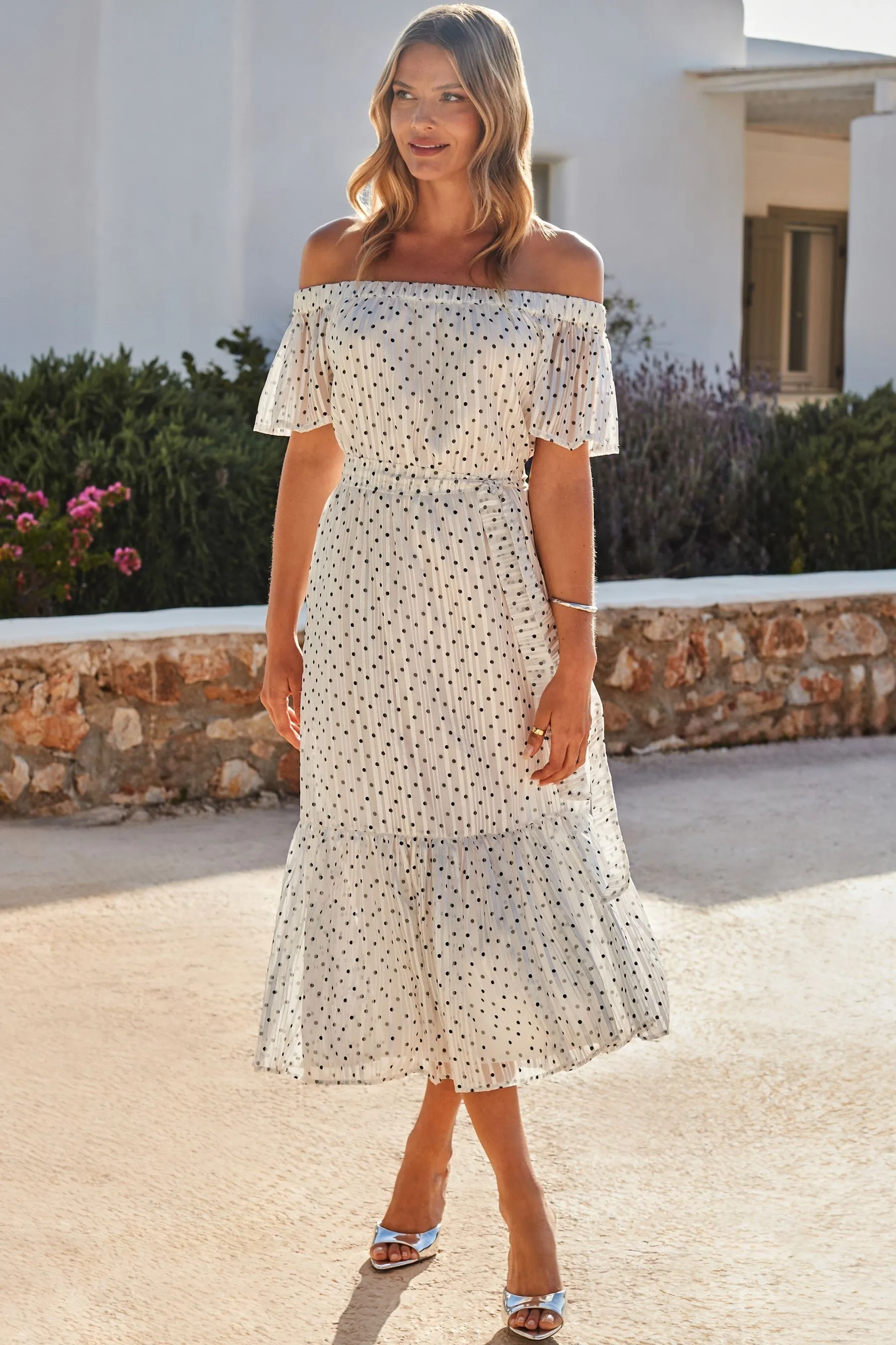 Sosandar A pois Stampa - Abito maxi a balze con scollo alla Bardot