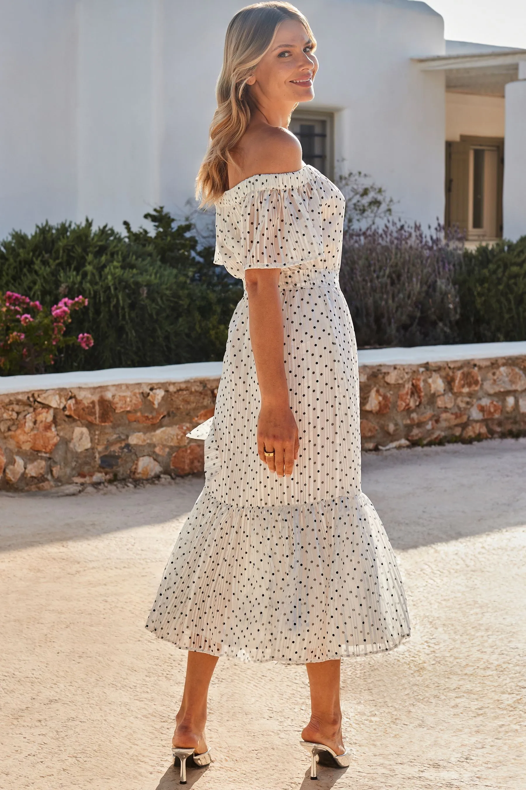 Sosandar A pois Stampa - Abito maxi a balze con scollo alla Bardot