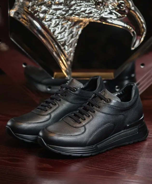 Stefano Ricci Scarpe da ginnastica in pelle di pelliccia nera con logo monogramma metallico US26EG6569MR