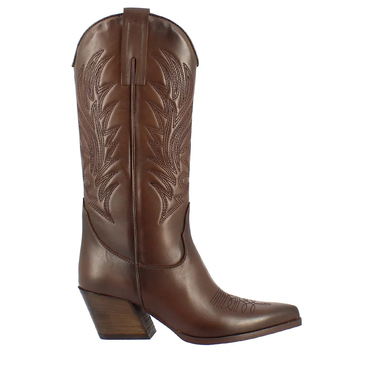 Stivale texano da donna in pelle marrone con ricamo