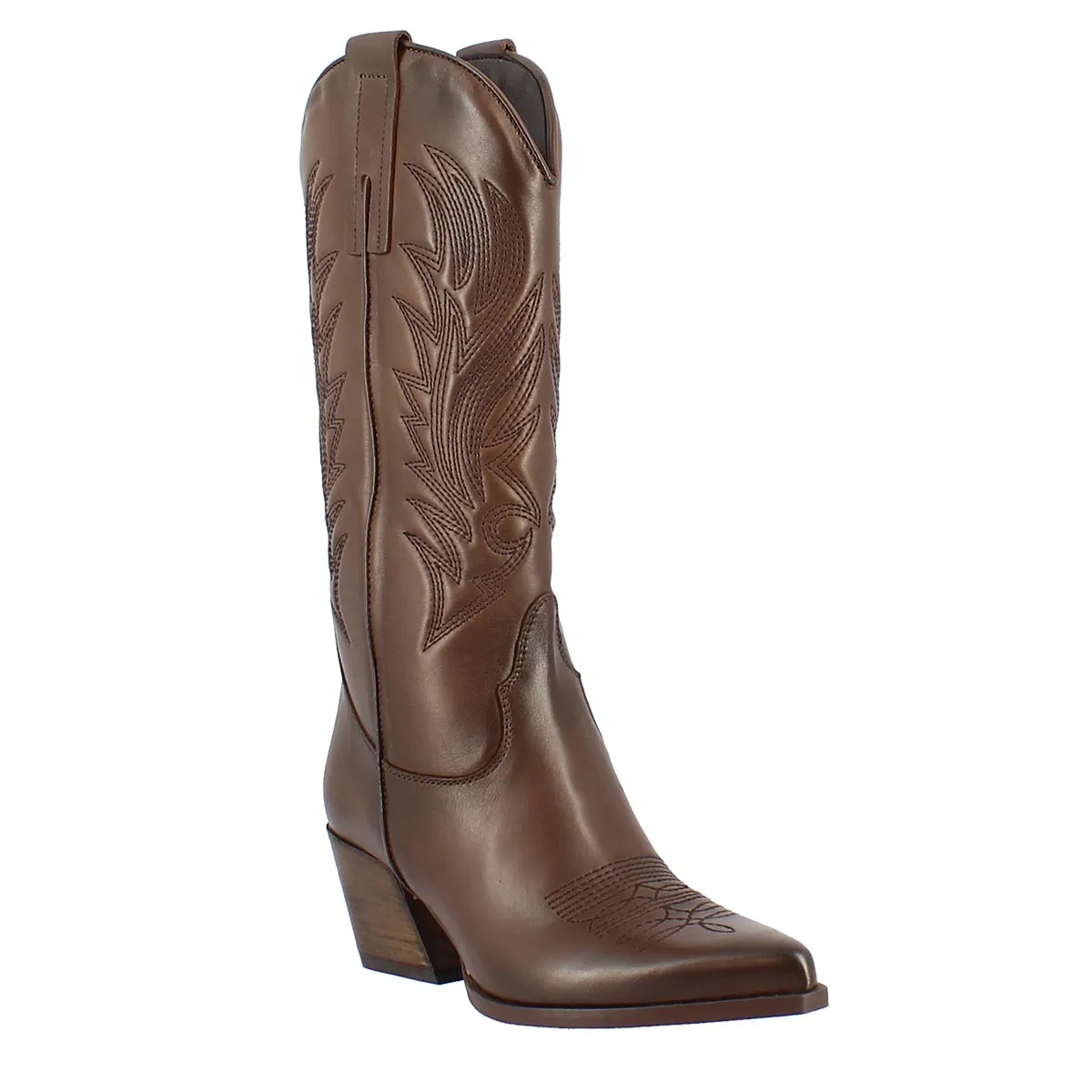 Stivale texano da donna in pelle marrone con ricamo