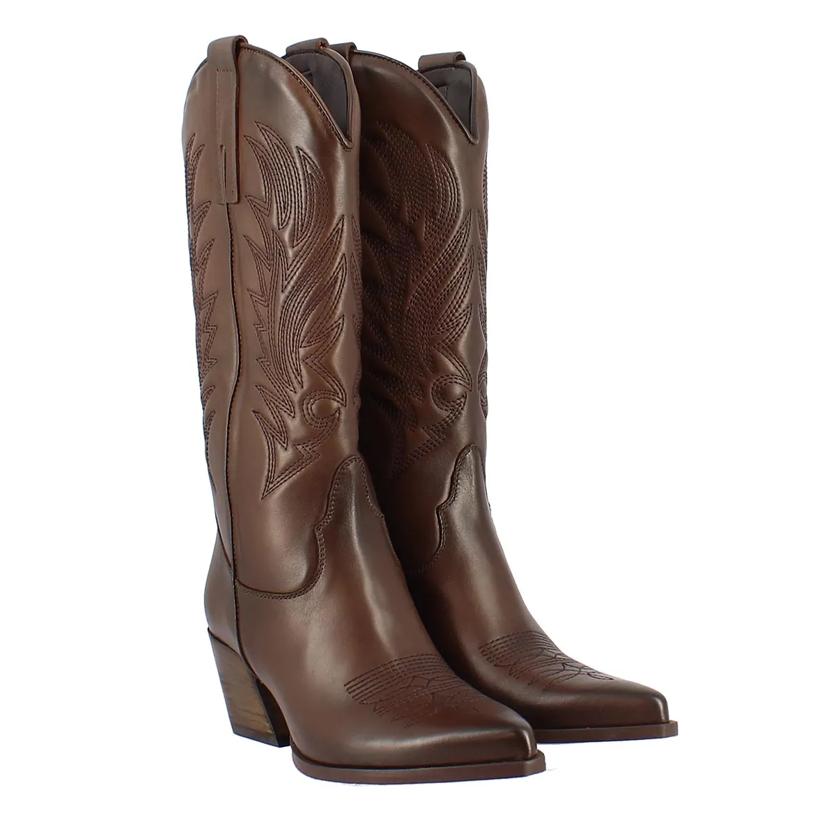 Stivale texano da donna in pelle marrone con ricamo