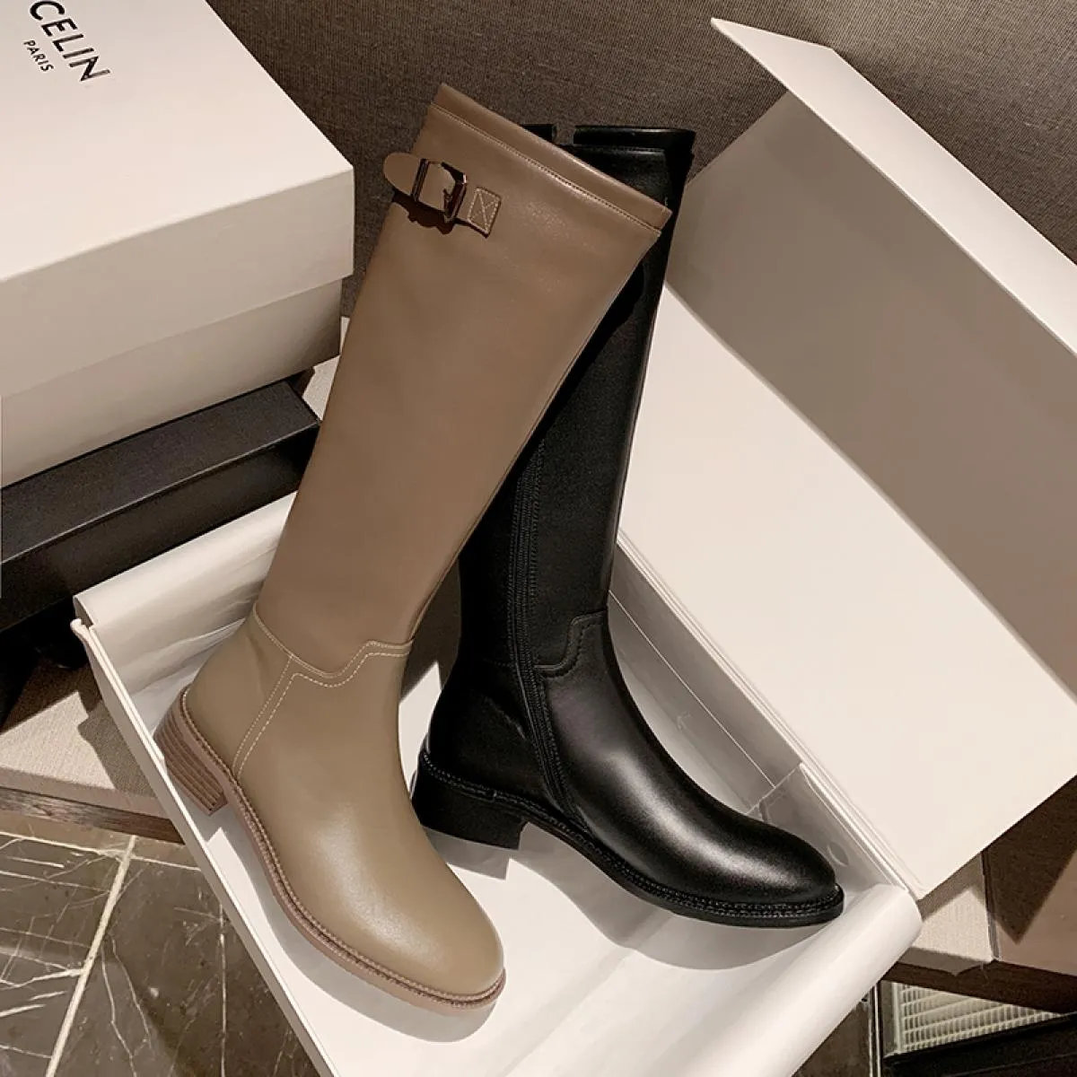 Stivali al ginocchio da donna con decorazione in metallo di marca Autunno Inverno Vera pelle Moda popolare Scarpe fresche Donna