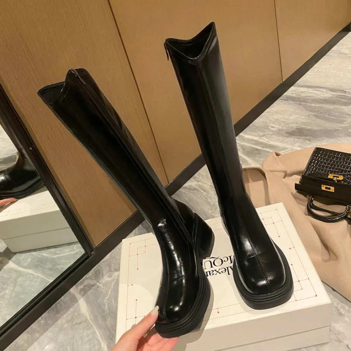 Stivali alti al ginocchio da donna in vera pelle Piattaforma con tacco alto spesso Primavera Autunno Casaul Scarpe eleganti Donn