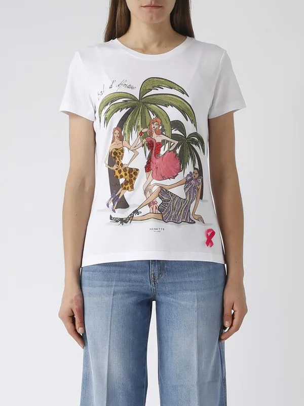 T-shirt donna Nenette in cotone e modal con stampa palme Bianco