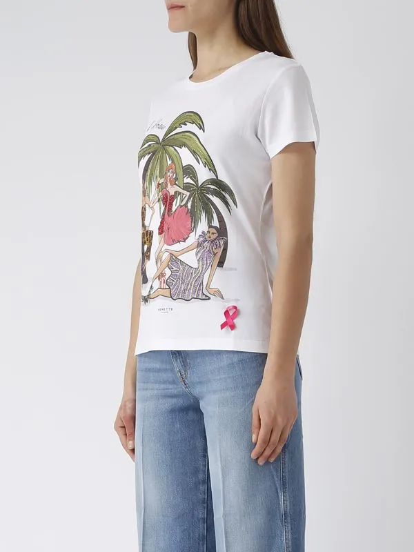T-shirt donna Nenette in cotone e modal con stampa palme Bianco