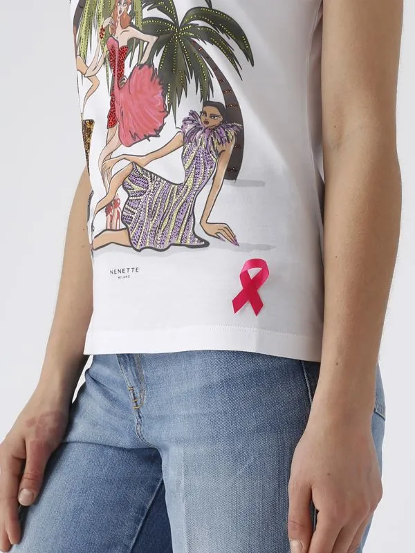 T-shirt donna Nenette in cotone e modal con stampa palme Bianco