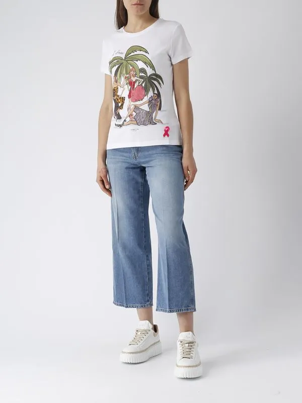 T-shirt donna Nenette in cotone e modal con stampa palme Bianco