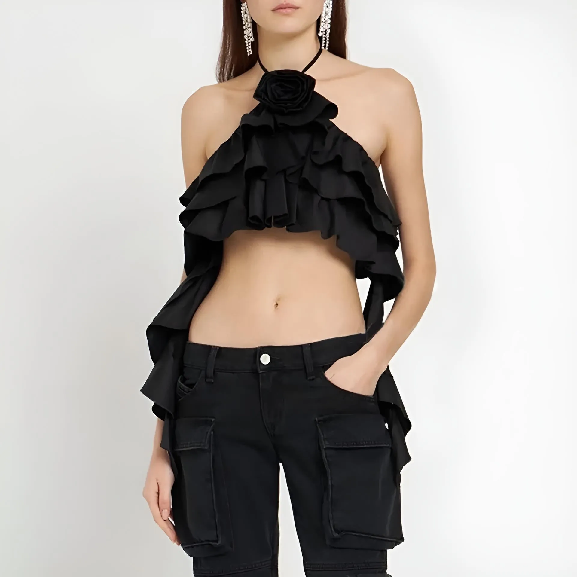 Top donna Bretella Volant Fiore Schiena Scoperta Casual Elegante