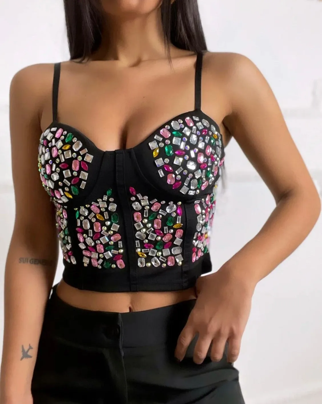 Top Donna Scollo Cuore Bretelle Pietre Multicolore Bustier Casual Elegante