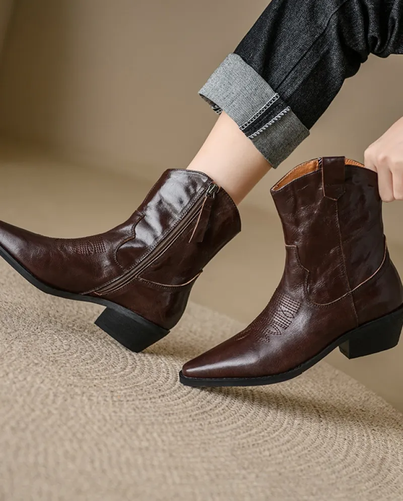 V-mouth Western Boots Brown Martin Boots Square Toe Cowboy Boots Ankle Boots High Heel Martin Boots For Women