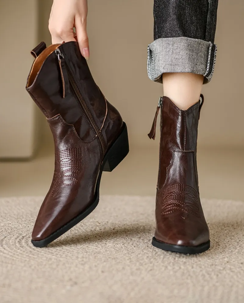 V-mouth Western Boots Brown Martin Boots Square Toe Cowboy Boots Ankle Boots High Heel Martin Boots For Women