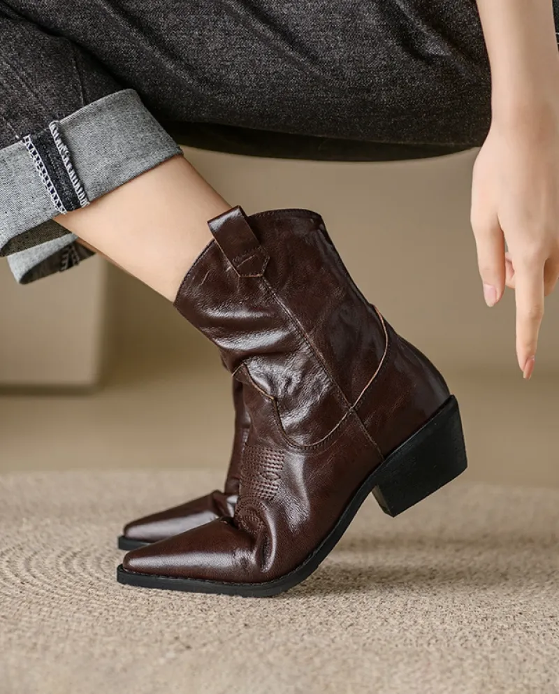 V-mouth Western Boots Brown Martin Boots Square Toe Cowboy Boots Ankle Boots High Heel Martin Boots For Women