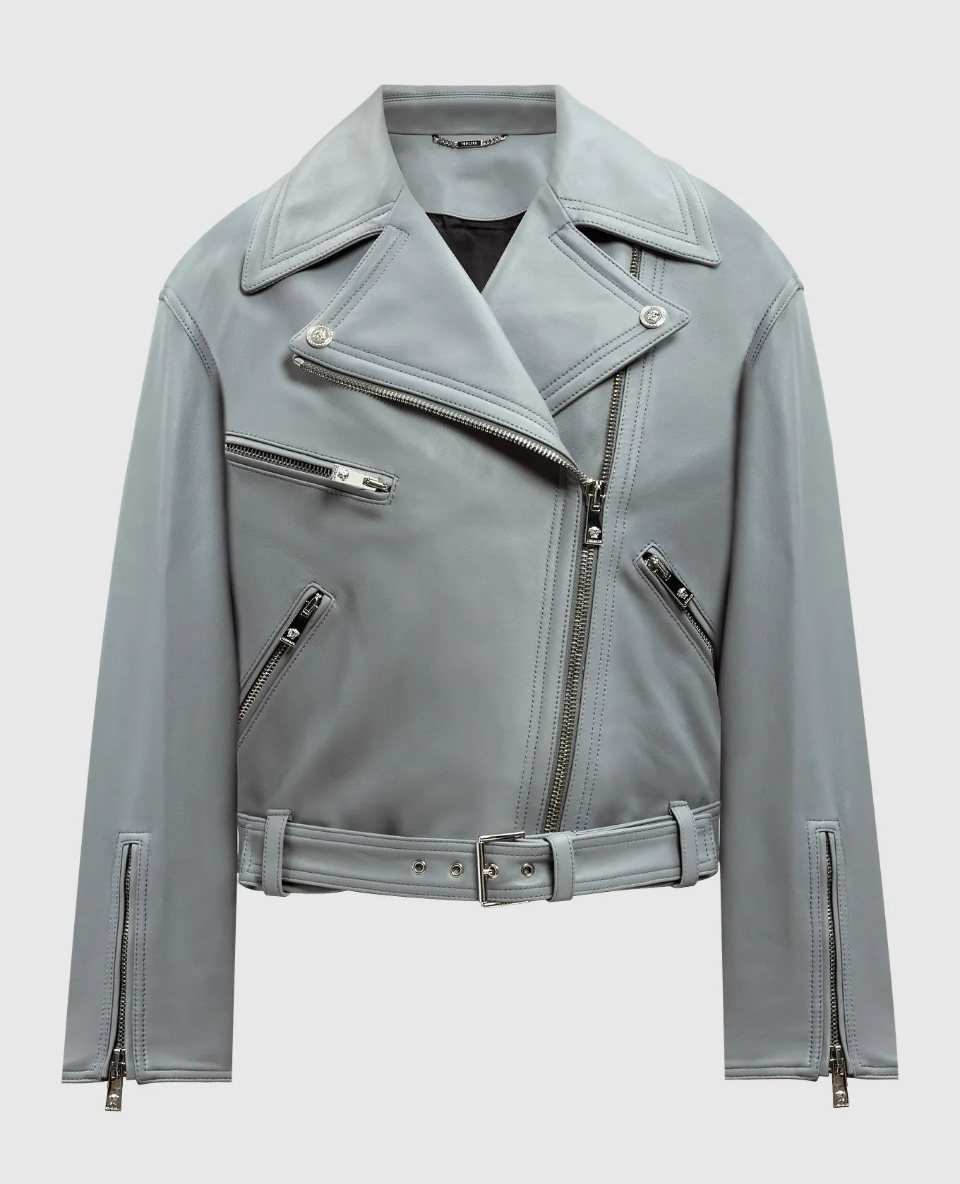 Versace Giacca biker in pelle grigio Medusa 10105451A08926