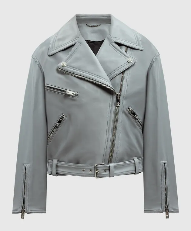 Versace Giacca biker in pelle grigio Medusa 10105451A08926