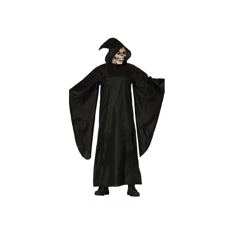 VESTITO DELLA MORTE NERO TAGLIA UNICA TUNICA CON CAPPUCCIO.COMPLETO DI GUADANA. 100% POLIESTERE. HALLOWEEN CARNEVALE